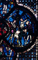 De pelgrim aangevallen door dieven, glas-in-lood, kathedraal van Chartres, Frankrijk