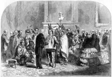 De president van de Verenigde Staten die de vijandige stammen overhaalt om handen te schudden, 1858