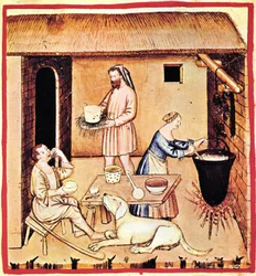 De productie van kaas. Een miniatuur uit Tacuinum Sanitatis, tweede helft van de 14e eeuw