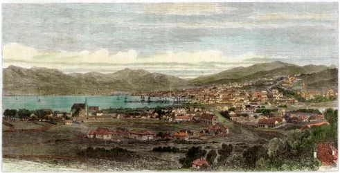 De stad en haven van Wellington, hoofdstad van Nieuw-Zeeland, ca. 1880
