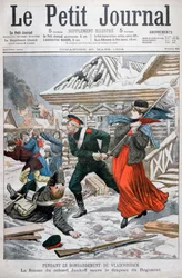 De vrouw van kolonel Jankoff redt de regimentsvlaggen, bombardement van Vladivostok, 1904