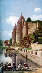De vrouwen van Josselin doen de was, Bretagne, Frankrijk, ca. 1924