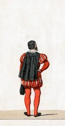 Theaterkostuumontwerp voor Shakespeares toneelstuk, Henry VIII, 19e eeuw