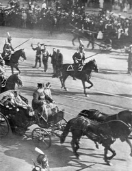 Tsaar Nicolaas II met bezoekende Franse president Poincare, St. Petersburg, Rusland, 21 juli 1914