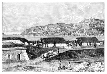 Turkse batterijen en de toegang tot de Bosporus aan de Zwarte Zee, Turkije, 1895