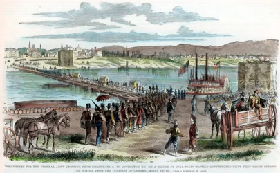 Vrijwilligers van de Unie steken de Ohio-rivier over, Cincinnati, Ohio, Amerikaanse Burgeroorlog