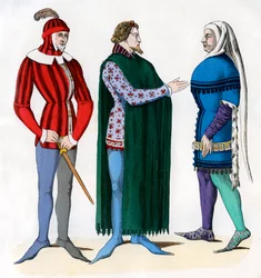 Knecht en heren in 14e-eeuwse kostuums, 1882-1884