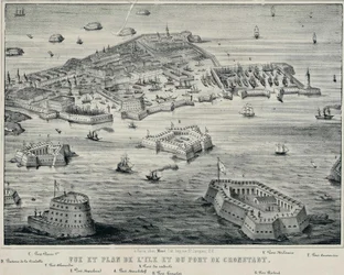 Uitzicht en Plan van eiland en de haven van Kronstadt