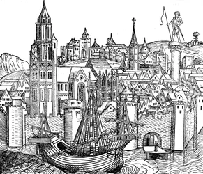 Uitzicht op versterkte stad