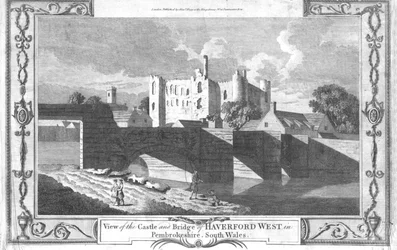 Uitzicht op het kasteel en de brug van Haverford West in Pembrokeshire, late 18e eeuw