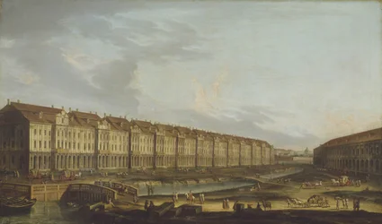 Uitzicht op het Twaalf Collegia-gebouw in Sint-Petersburg, midden 18e eeuw