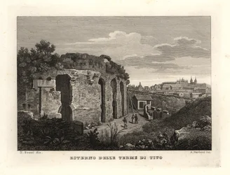 Uitzicht op de buitenkant van de Thermen van Titus, Thermae Titi, Terme di Tito