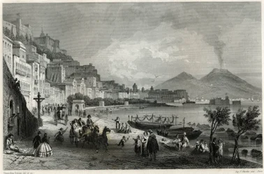 Zicht op de haven en de stad Napels in de 19e eeuw, in het boek over de Middellandse Zee door Louis Enault (1824-1900), Franse journalist en reiziger.