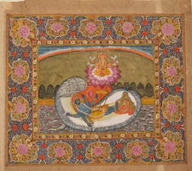 Vishnu en Lakshmi op de slang Shesha, met Brahma op de lotus, mogelijk late 19e eeuw