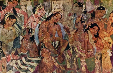 Muurschildering uit de Grotten van Ajanta van Raja Mahajanaka, ca. 480