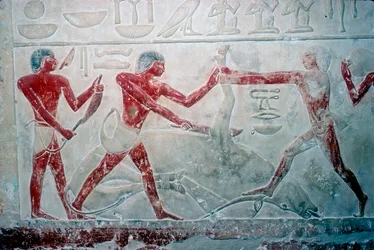 Muurschildering van 3 slagers die een karkas snijden, Graf van Idut, 5e dynastie, ca. 2350 v.Chr.