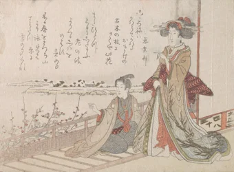 Vrouw en jongeling op een veranda, 1806