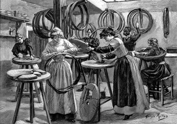 Vrouwen maken pneumatische banden voor fietsen, Frankrijk, 1896