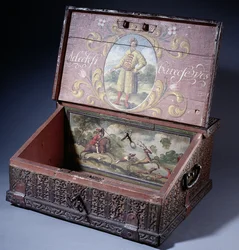 Houten geld- of schrijfkist met portret van de zoon van Peter de Grote, ca. 1695