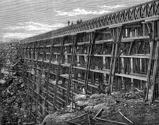 Houten schraagbrug op de Union Pacific Railroad, Dale Creek, Wyoming, VS, 1869