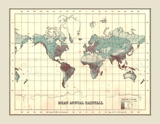 Wereldkaart met gemiddelde jaarlijkse neerslag, 1902