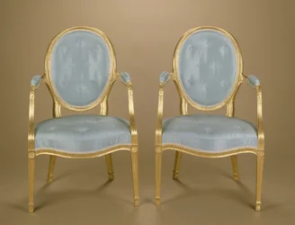 Paar Adam ovalen rugleuningstoelen, blauw bekleed, c.1780