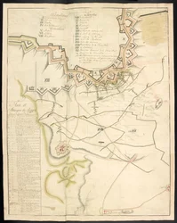 Een getinte plattegrond van de belegeringswerken. Dagboek van het beleg van Bergen op Zoom, door de Fransen, in 1747; voorafgegaan door een verslag van de staat van de Franse artillerie in die tijd.