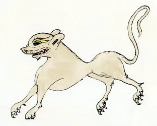 Een weerwolf, in de Middeleeuwen - Gekleurde gravure naar een bestiarium uit de 13e eeuw, Historia Scolastica door Pierre de Eter (of Petrus Comestor of Manducator, ca. 1110-1179) - Middeleeuwse afbeelding van een weerwolf - Handgekleurde houtsnede uit Com