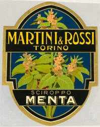 Advertentielabel voor muntsiroop Martini e Rossi
