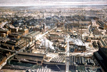 Luchtfoto van de Krupp-fabriek in Essen, ca. 1920 (gravure)