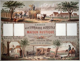 Almanak die traditionele en moderne landbouwmethoden illustreert, ca. 1870-80 (kleur litho)