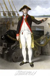 Amerikaanse marine: John Paul Jones (1747-1791) zeeman en held van de Onafhankelijkheidsoorlog van de Verenigde Staten van Amerika. Kleurgravure met handtekening.