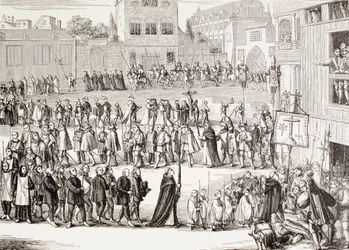 Een Auto-da-fe, of Act van Geloof, processie in Spanje, naar een 15e-eeuwse gravure, uit 