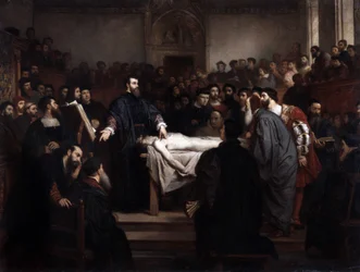 Anatomische les. Andre Vesale (1514-1564), Vlaamse anatoom (Andrea Vesalius of Andries Van Wesel) in Padua (Padova), Italië
