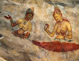 Apsaras, hemelse nimfen die bloemen aanbieden, fresco, versterkte citadel van Sigiriya (UNESCO Werelderfgoedlijst)