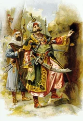 Arabische Nachten: Ali Baba en de Veertig Rovers: de leider van de rovers zegt "Sesam open", advertentie voor "Le Bon Marche" ca. 1900