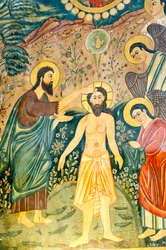 Armeens-Apostolische Kerk; muurschildering; Doop van Jezus Christus door Johannes de Doper in de Jordaan; Bethlehemkerk of Bedkhemkerk; Julfa-district of Jolfa; Isfahan; Iran; Azië