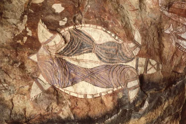 Australië, Noordelijk Territorium, Arnhemland, Nationaal Park Kakadu, Nourlangie Rock, rotsschilderingen van Aboriginals