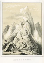 Lawine op de Mont Blanc die de dood van drie gidsen tot gevolg had. Gravure „Hemel, aarde en zee” door R. Delasalle, circa 1860