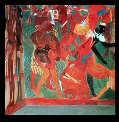 Slagveld afgebeeld in kamer 2 van de geschilderde tempel in Bonampak, Maya, Late Klassieke Periode, c.800