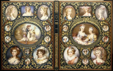Omslag met vierentwintig portretminiaturen, uit het boek "Franse karakteristieke kostuums" door Richard Brinsley Peake, 1816
