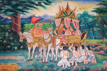 Boeddha en prinses Yashodhara en hun zoon, Rahula. Leven van Boeddha. Muurschilderingen. Wat Inpeng, Vientiane, Laos, 20151029, Vientiane, Laos