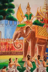 Plafondkunstwerk dat het leven van Boeddha uitbeeldt. Wat Si Sou Mang Karam Tempel. Vieng Vang. Laos, 20151102, Vieng Vang, Laos