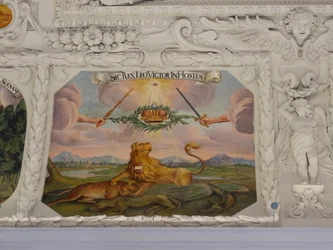 Plafondfresco in de zijbeuk van de Sint-Catharinakerk, allegorische voorstellingen van de overwinningen van keizer Leopold I op de Ottomanen, Mausoleum van de Habsburgers, Graz, Stiermarken, Oostenrijk, Europa
