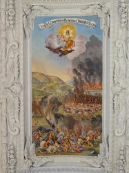 Plafondfresco in de zijbeuk van de Sint-Catharinakerk, Ontmanteling van Wenen in 1683, Mausoleum van de Habsburgers, Graz, Stiermarken, Oostenrijk, Europa