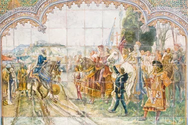 Keramische tegels op het Plaza de España die koning Boabdil afbeelden