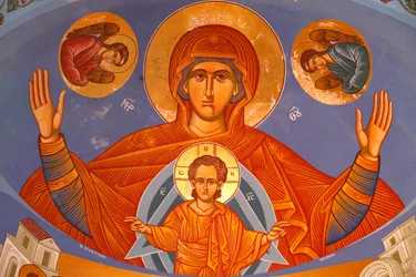 Fresco op het koorgewelf in Pedoulas Orthodoxe kerk, Maagd en Kind