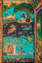 Chittra Shala binnenplaats met virtuoze fijne schilderijen, Taragarh Fort, Bundi, Rajasthan, India, Azië