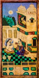 Chittra Shala binnenplaats met virtuoze fijne schilderijen, Taragarh Fort, Bundi, Bundi, Rajasthan, India, Azië