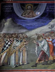 Christus in glorie die de tijdelijke en spirituele krachten beheerst Byzantijnse fresco uit het Agios Ioannis Lampadistis klooster, Sint-Johannes Lampadistis 11e eeuw Cyprus Geschilderde kerken UNESCO-site Troodos, Cyprus